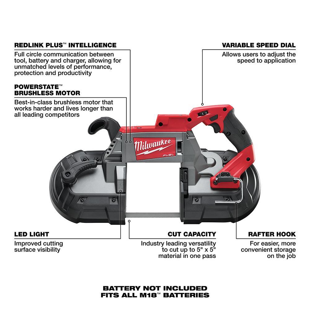Milwaukee® M18™ FUEL™ 2729-20 Cordless Band Saw, 5 in Cutting, 44.875 in L x 0.5 in W x 0.02 in THK Blade, 18 V DC, 4 Ah Li-Ion Battery