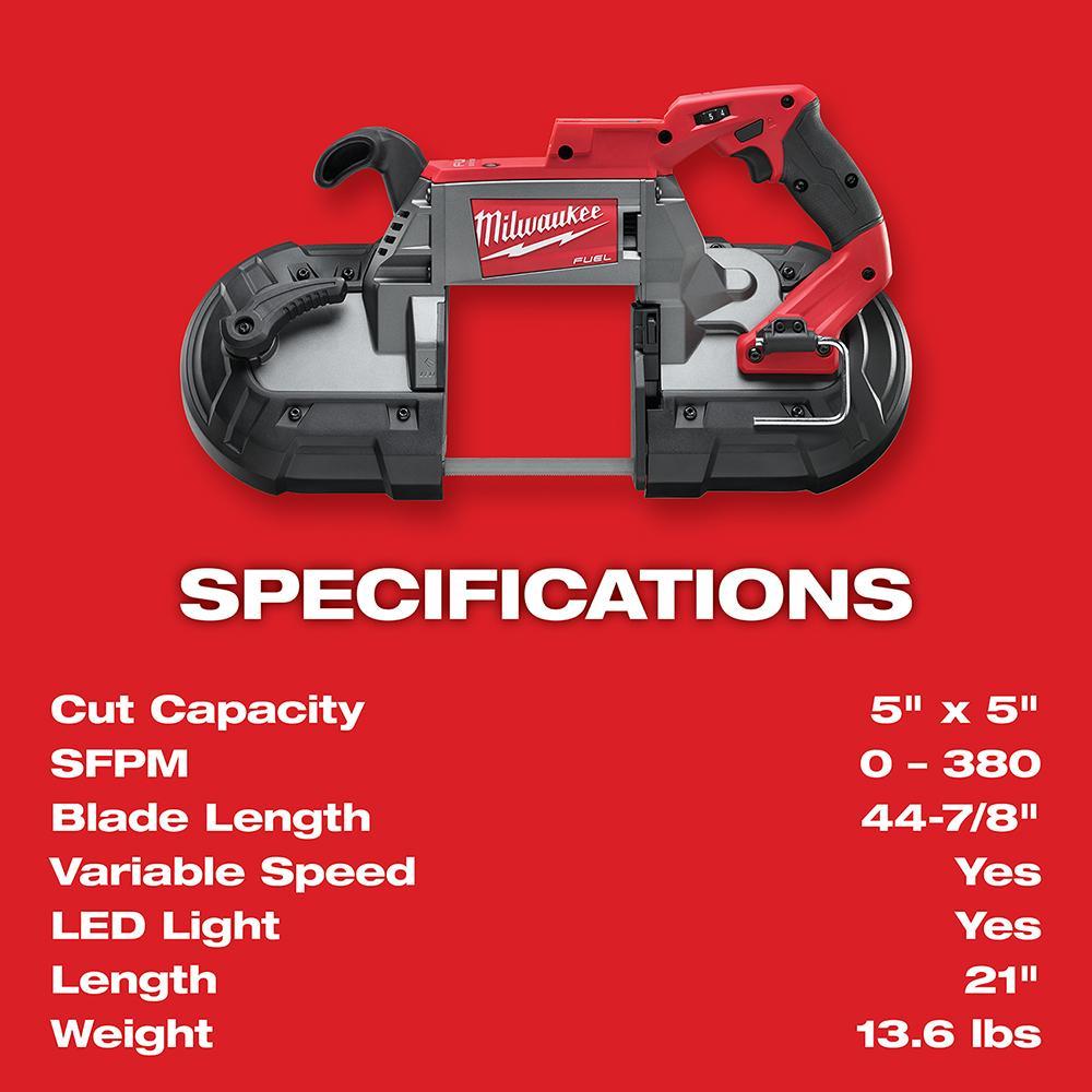 Milwaukee® M18™ FUEL™ 2729-20 Cordless Band Saw, 5 in Cutting, 44.875 in L x 0.5 in W x 0.02 in THK Blade, 18 V DC, 4 Ah Li-Ion Battery