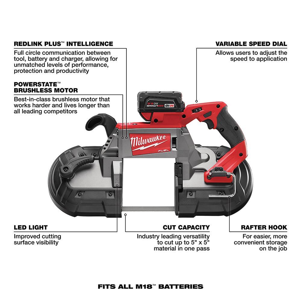 Milwaukee® M18™ FUEL™ 2729-22 Cordless Band Saw Kit, 5 in Cutting, 44.875 in L x 0.5 in W x 0.02 in THK Blade, 18 V DC, 5 Ah Li-Ion Battery