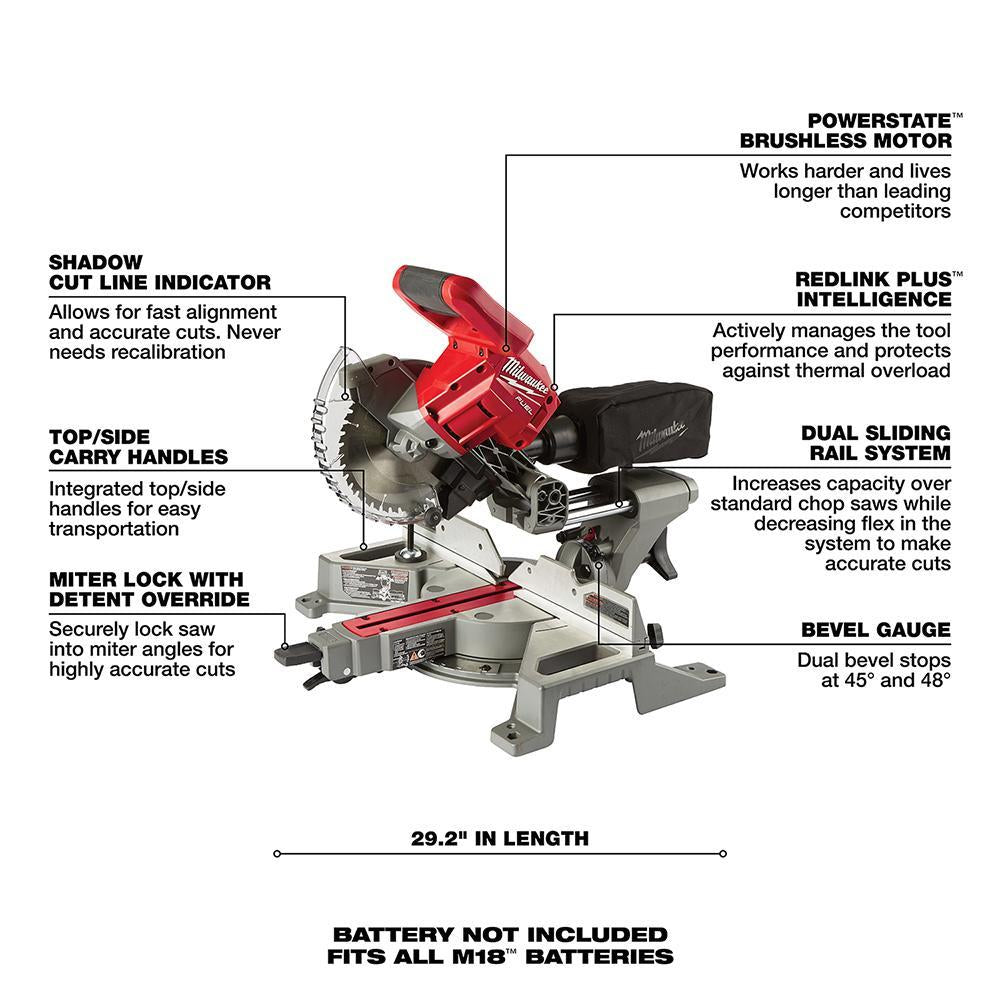 Milwaukee® M18 FUEL™ 2733-20 Kit Cordless Miter Saw, 7-1/2 in Dia Blade, 5/8 in Arbor/Shank, 3-1/2 in Cutting, 48 deg Bevel