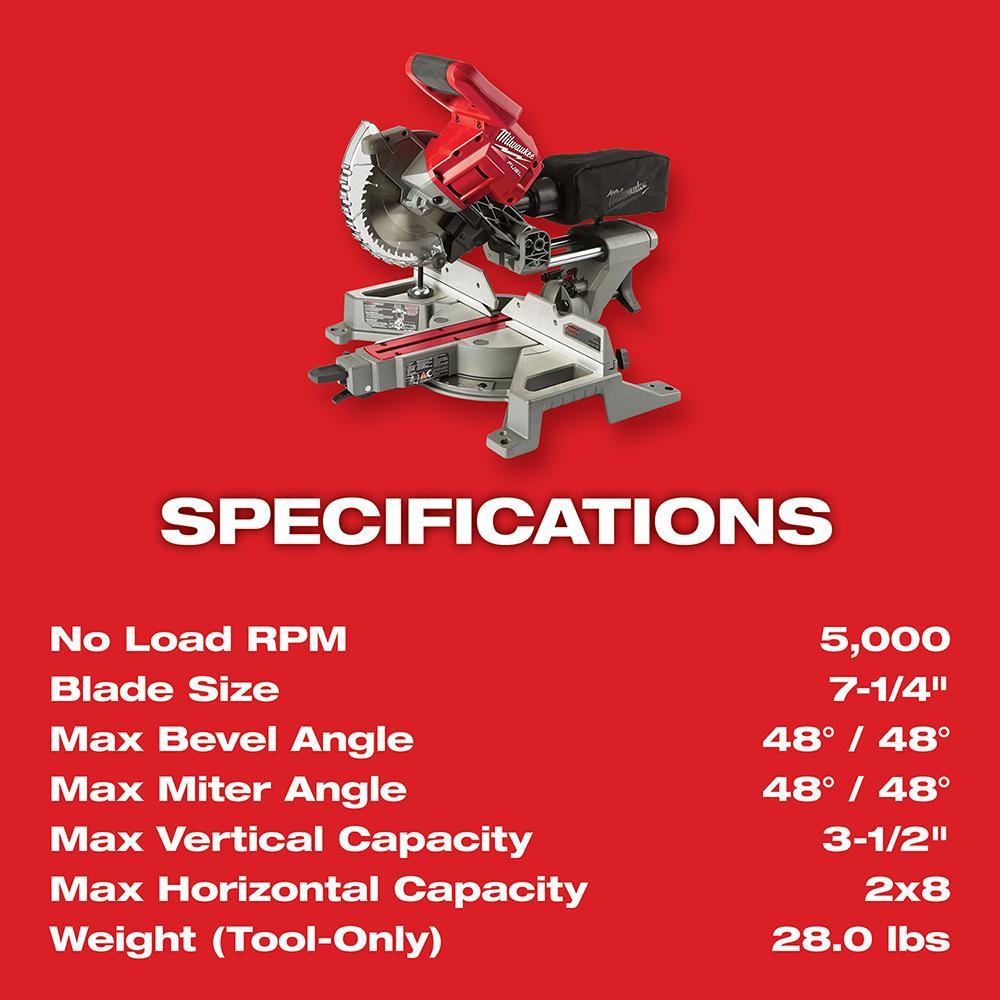 Milwaukee® M18 FUEL™ 2733-20 Kit Cordless Miter Saw, 7-1/2 in Dia Blade, 5/8 in Arbor/Shank, 3-1/2 in Cutting, 48 deg Bevel