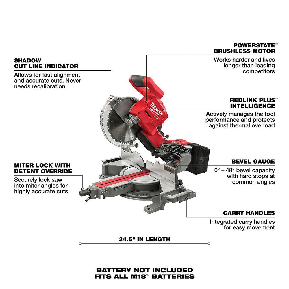 Milwaukee® 2734-20 Cordless Sliding Miter Saw, 10 in Dia Blade, 5/8 in Arbor/Shank, 2 x 12 in Cross Cut at 90 deg Cutting, 50 to 60 deg Miter, 48 deg Bevel