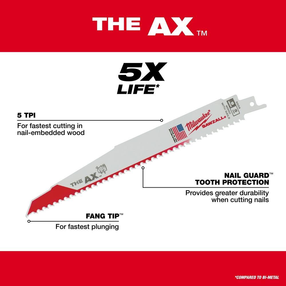 Milwaukee® SAWZALL® AX™ 48-00-5027 Demolition Tapered Back Reciprocating Saw Blade, 12 in L x 1 in W, 5 TPI, Bi-Metal Body, Universal/Toothed Edge Tang