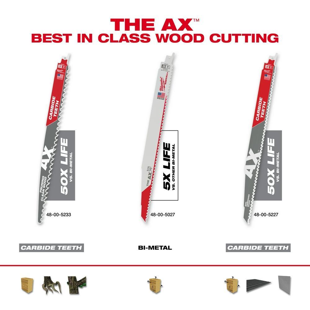 Milwaukee® SAWZALL® AX™ 48-00-5027 Demolition Tapered Back Reciprocating Saw Blade, 12 in L x 1 in W, 5 TPI, Bi-Metal Body, Universal/Toothed Edge Tang
