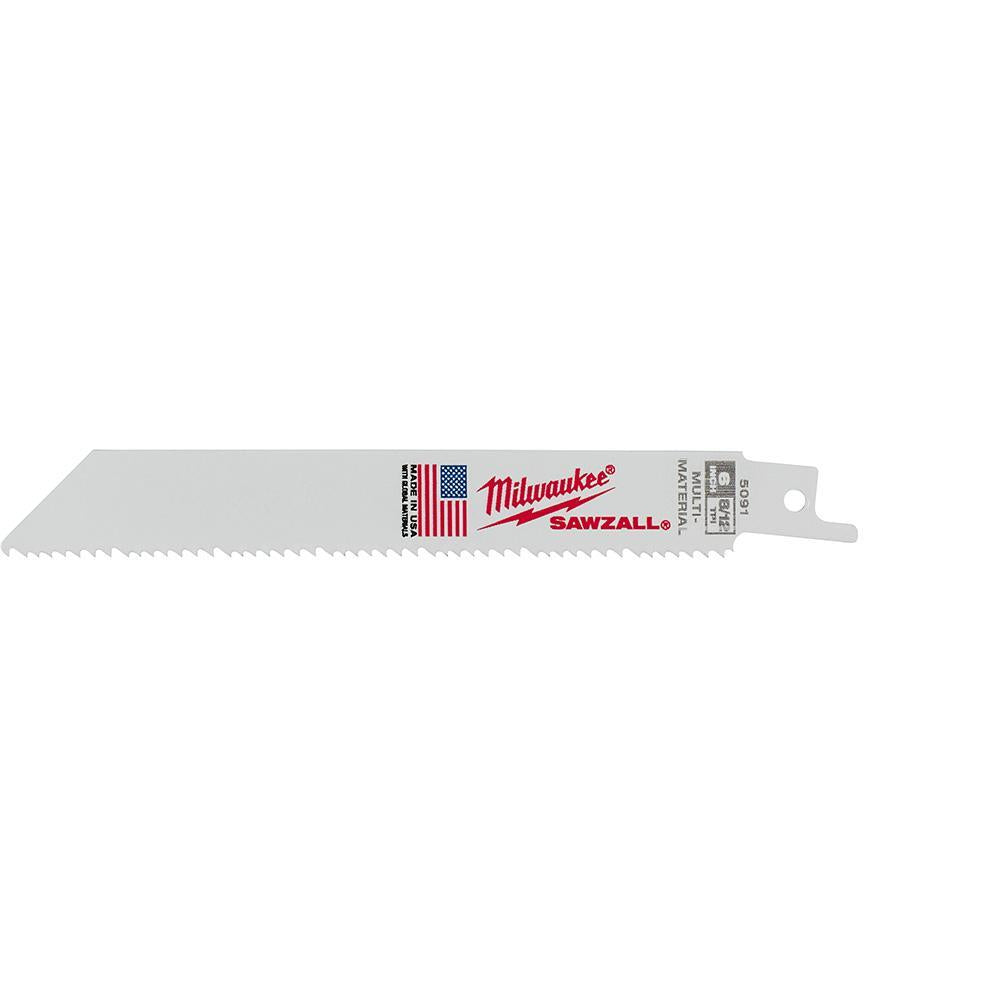 Milwaukee® SAWZALL® 48-00-5091 Straight Back Thin Kerf Reciprocating Saw Blade, 6 in L x 3/4 in W, 8/12 TPI, Bi-Metal Body, Universal/Toothed Edge Tang