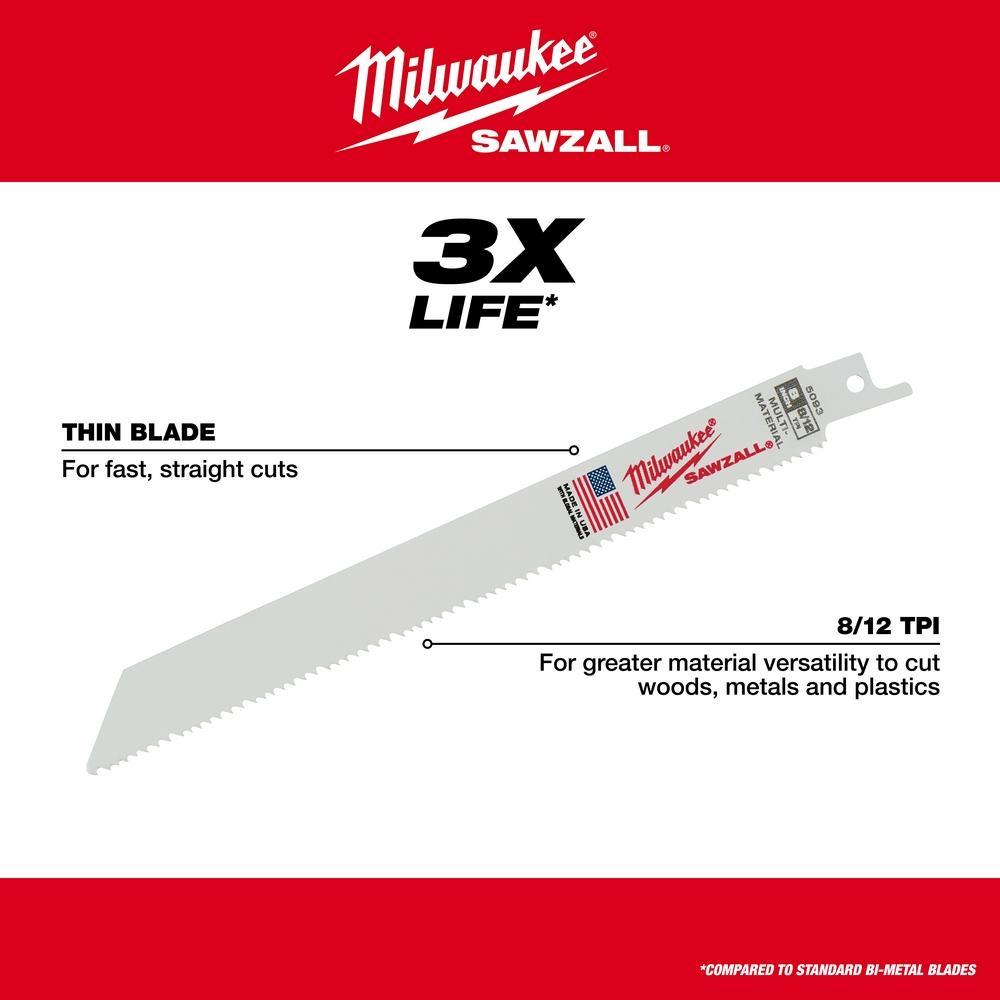 Milwaukee® SAWZALL® 48-00-5094 Straight Back Thin Kerf Reciprocating Saw Blade, 12 in L x 3/4 in W, 8/12 TPI, Bi-Metal Body, Universal/Toothed Edge Tang