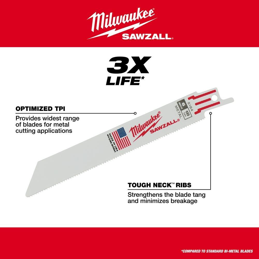 Milwaukee® SAWZALL® 48-00-5183 Double Duty Straight Back Thin Kerf Reciprocating Saw Blade, 4 in L x 3/4 in W, 18 TPI, Bi-Metal Body, Universal/Toothed Edge Tang
