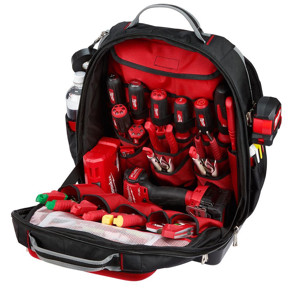 Milwaukee® 48-22-8201 Zipper Ultimate Jobsite Tool Backpack, 1680D Ballistic Nylon, Black/Red