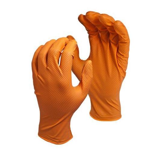 Monkey Wrench™ 5557PF-L Disposable Gloves, L, Nitrile, Orange, 9-1/2 in L, Non-Powdered, Textured, 6 mil THK, Application Type: Food/Industrial Grade, Ambidextrous Hand
