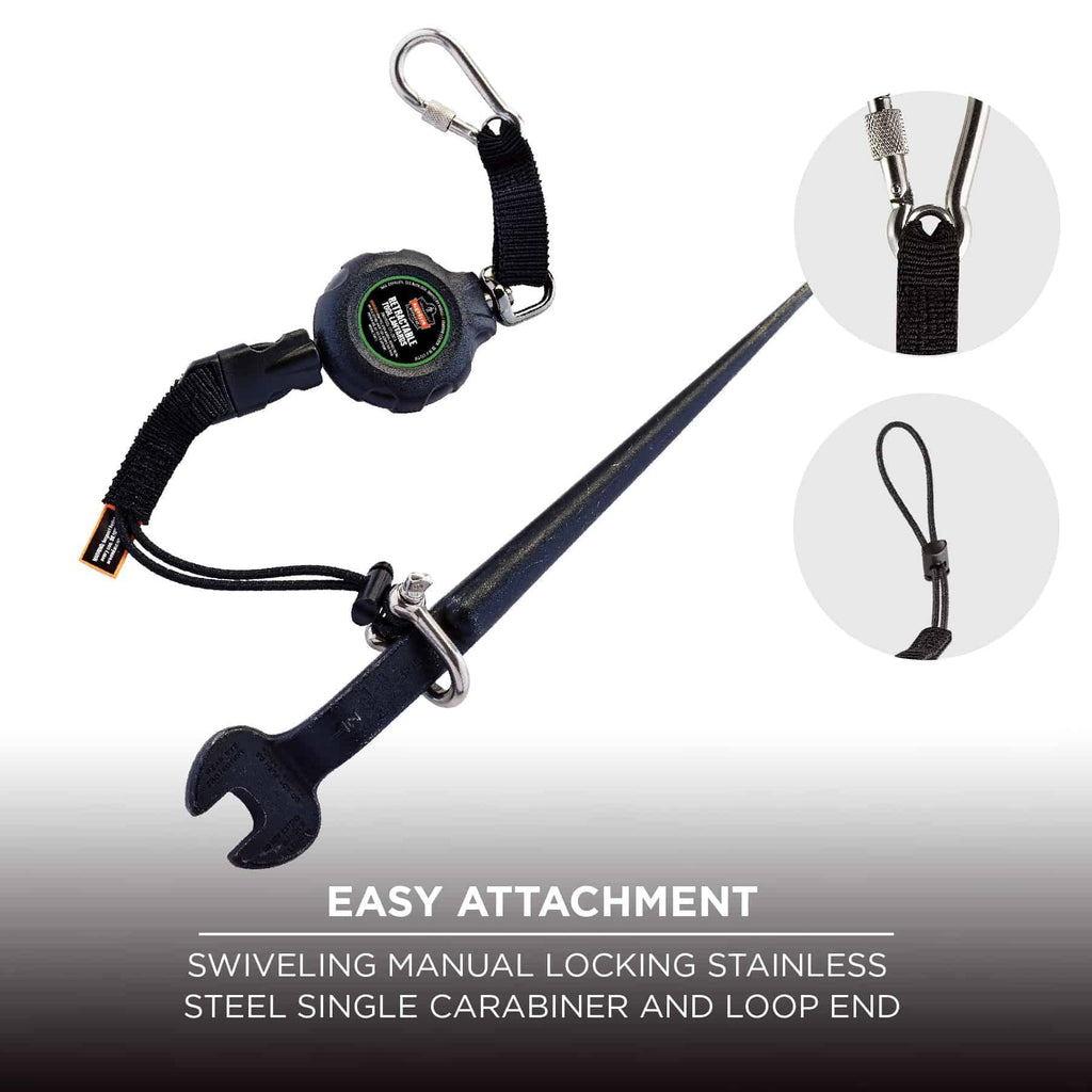 Squids® 19301 3001 Retractable Standard Tool Lanyard, 48 in L Extended, 2 lb Capacity, Carabiner Connection, ABS Thermoplastic Housing, Black