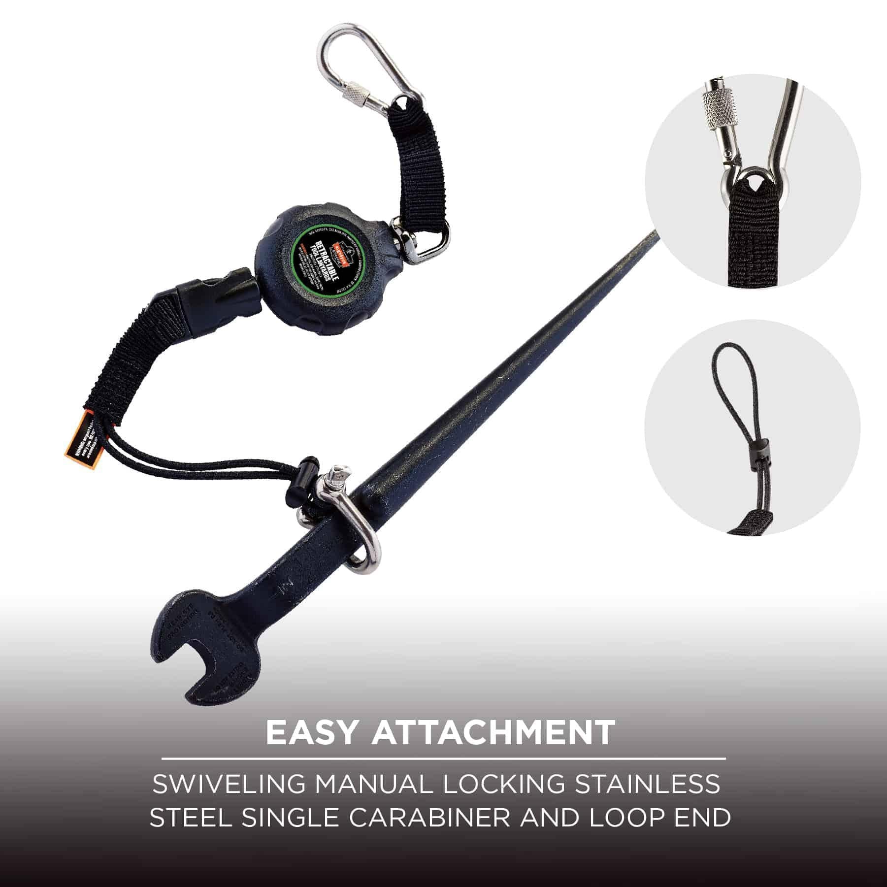 Squids® 19301 3001 Retractable Standard Tool Lanyard, 48 in L Extended, 2 lb Capacity, Carabiner Connection, ABS Thermoplastic Housing, Black