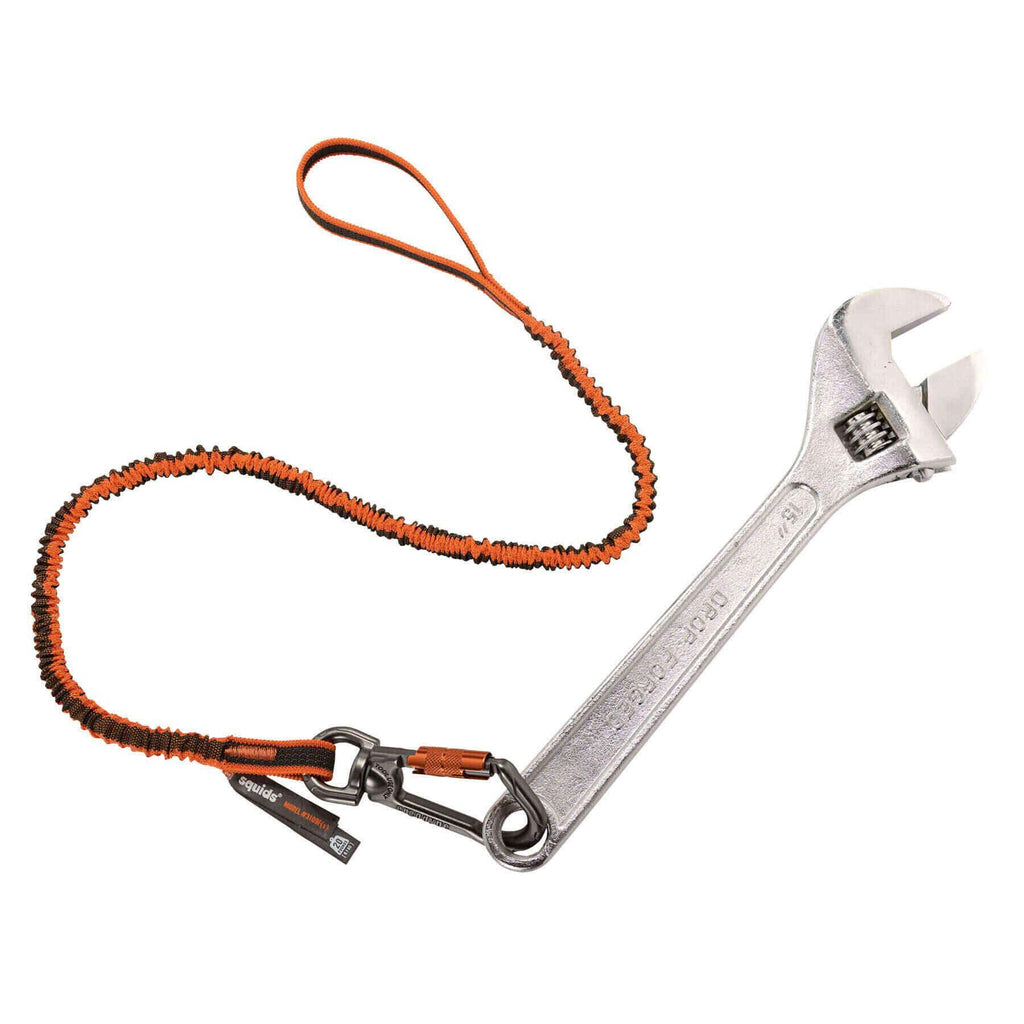 Squids® 19809 3109F(x) Lightweight Standard Tool Lanyard, 38 to 70 in L Extended, 25 lb Capacity, Carabiner Connection, 1680D Polyester Elastic Blended Webbing, Orange/Gray