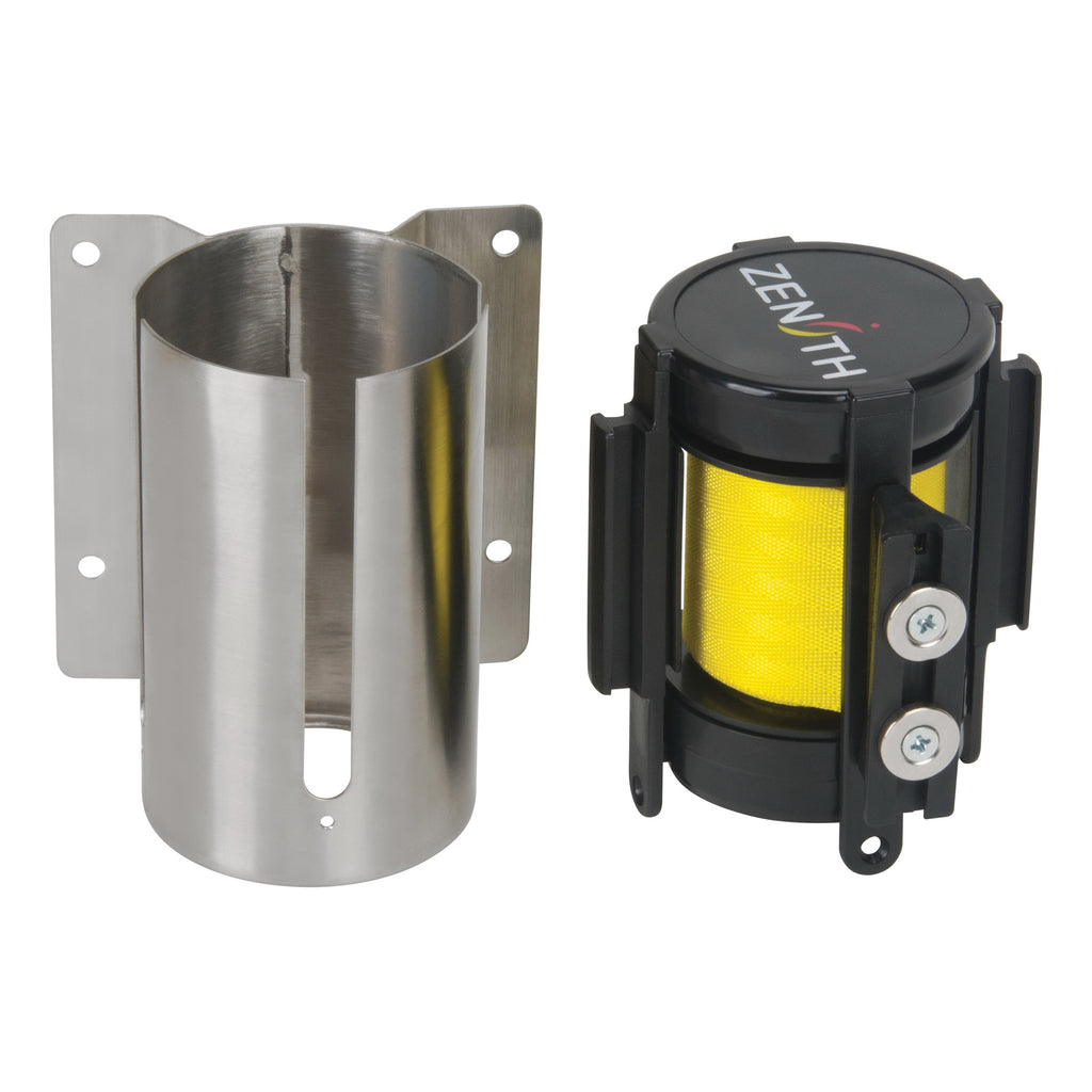 Zenith® SGR023 Screw Mount Wall Mount Barrier With Magnetic Tape, 7 ft L Yellow Belt, Belt Message: Blank, Steel