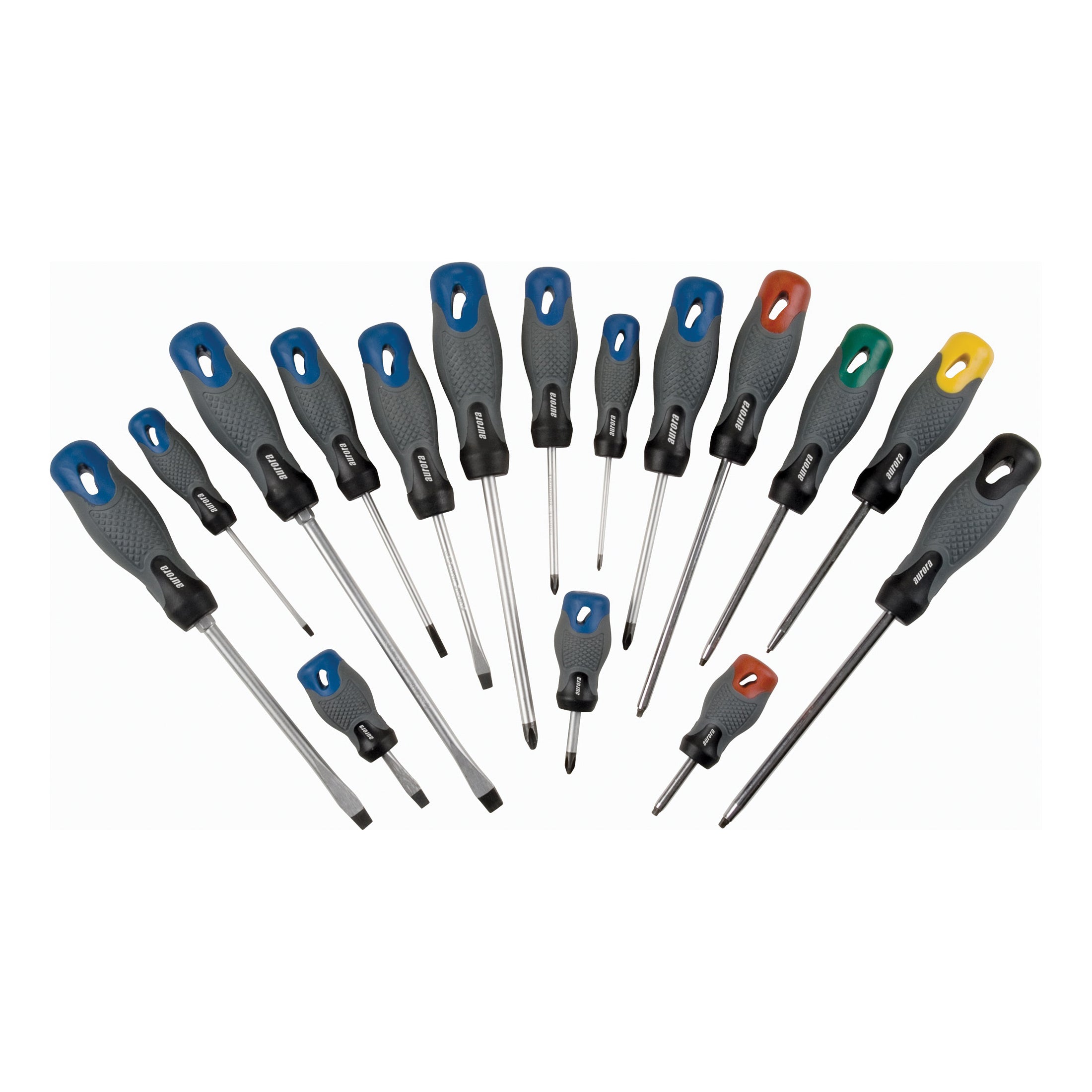 aurora tools® TJZ828 Screwdriver Set, 16 Pieces, ANSI Specified, Vanadium Steel, Polished Chrome