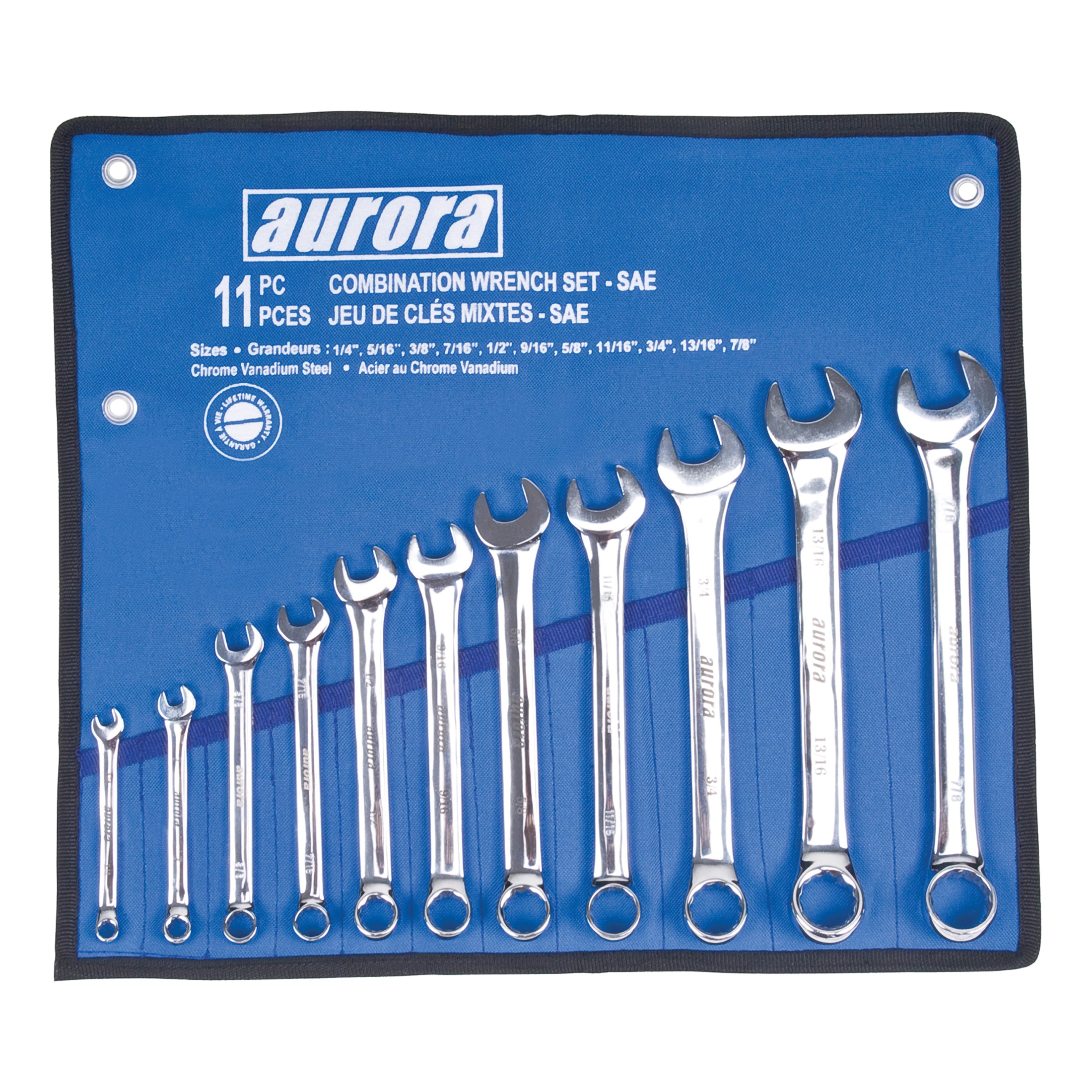 aurora tools® TLV053 Combination Wrench Set, 11 Pieces, 1/4 to 7/8 in, Polished Chrome
