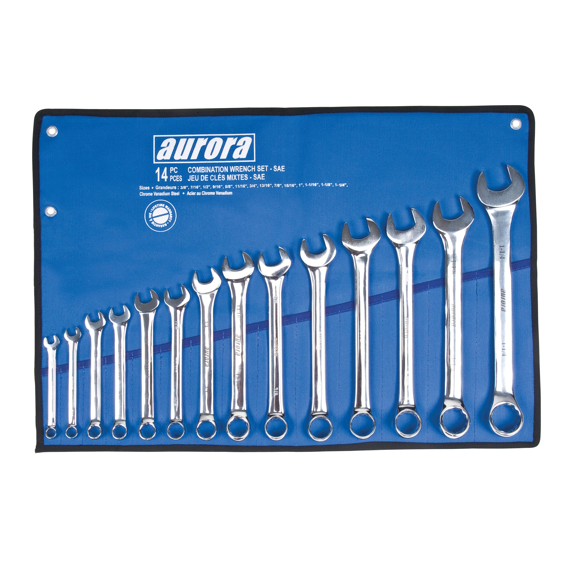 aurora tools® TLV055 Combination Wrench Set, 14 Pieces, 3/8 to 1-1/4 in, Polished Chrome