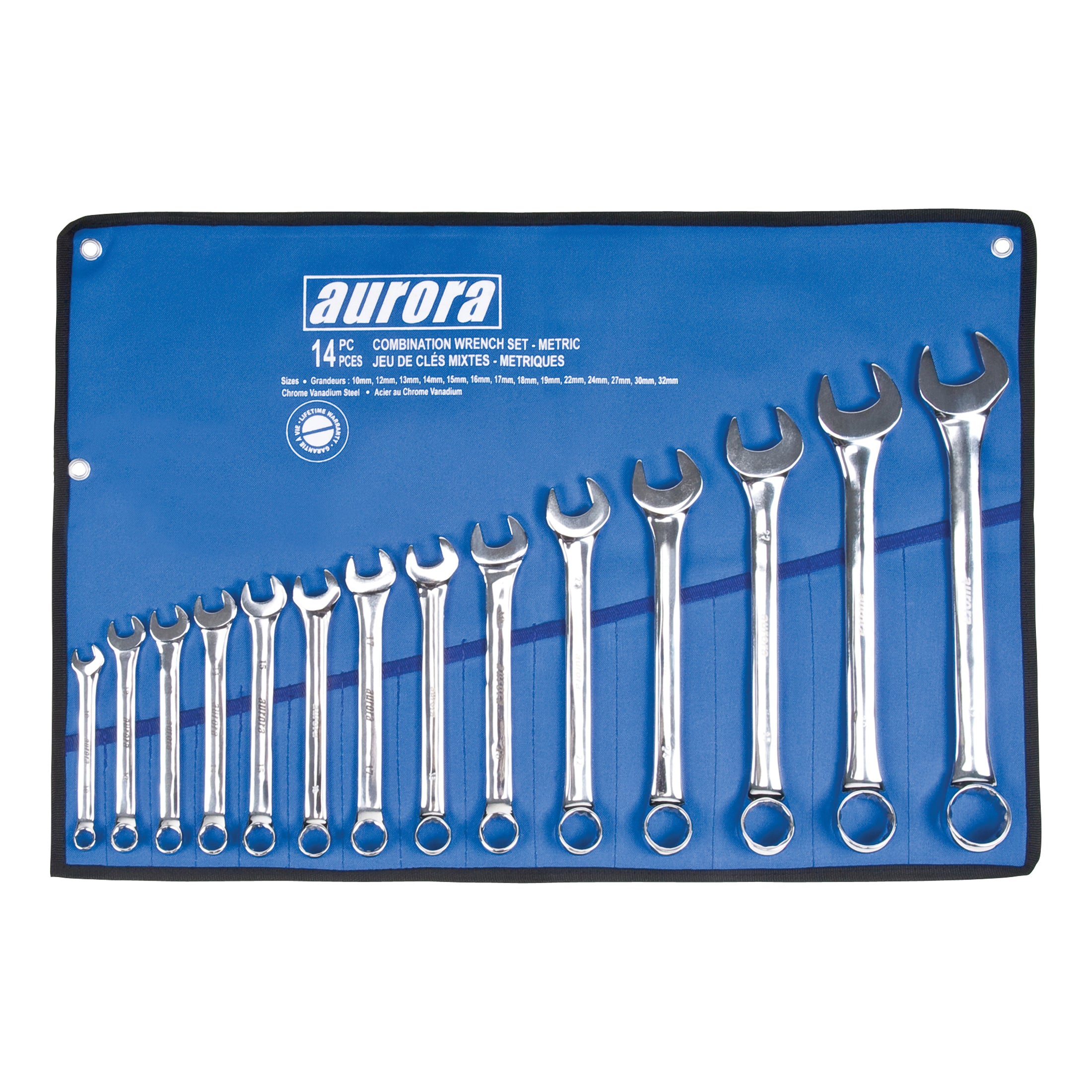 aurora tools® TLV056 Combination Wrench Set, 14 Pieces, 10 to 32 mm, Polished Chrome