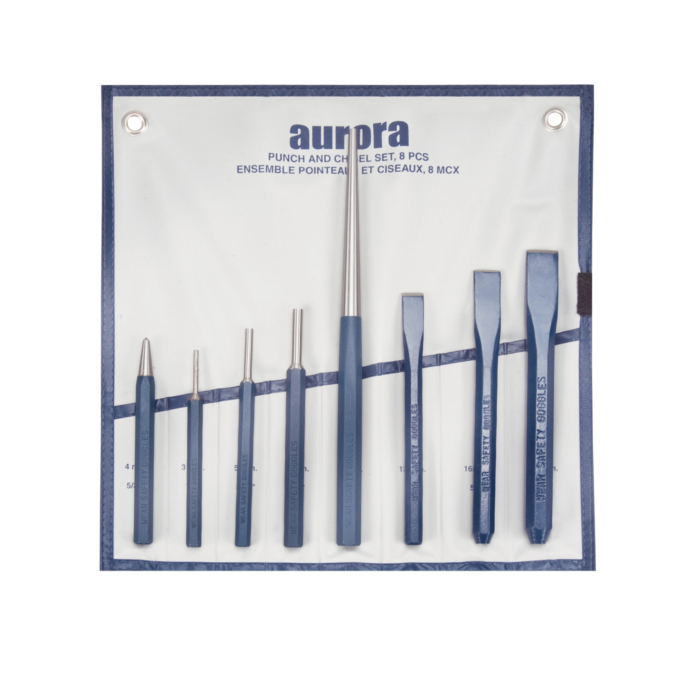 aurora tools® TLZ433 Punch and Chisel Set, Center/Cold/Drift Style, 1/2 to 3/4 in Chisel, 5/32 in Center, 1/8 to 1/4 in Pin, 3/16 in Drift Punch, 5 Punches, 3 Chisels, 8 Pieces