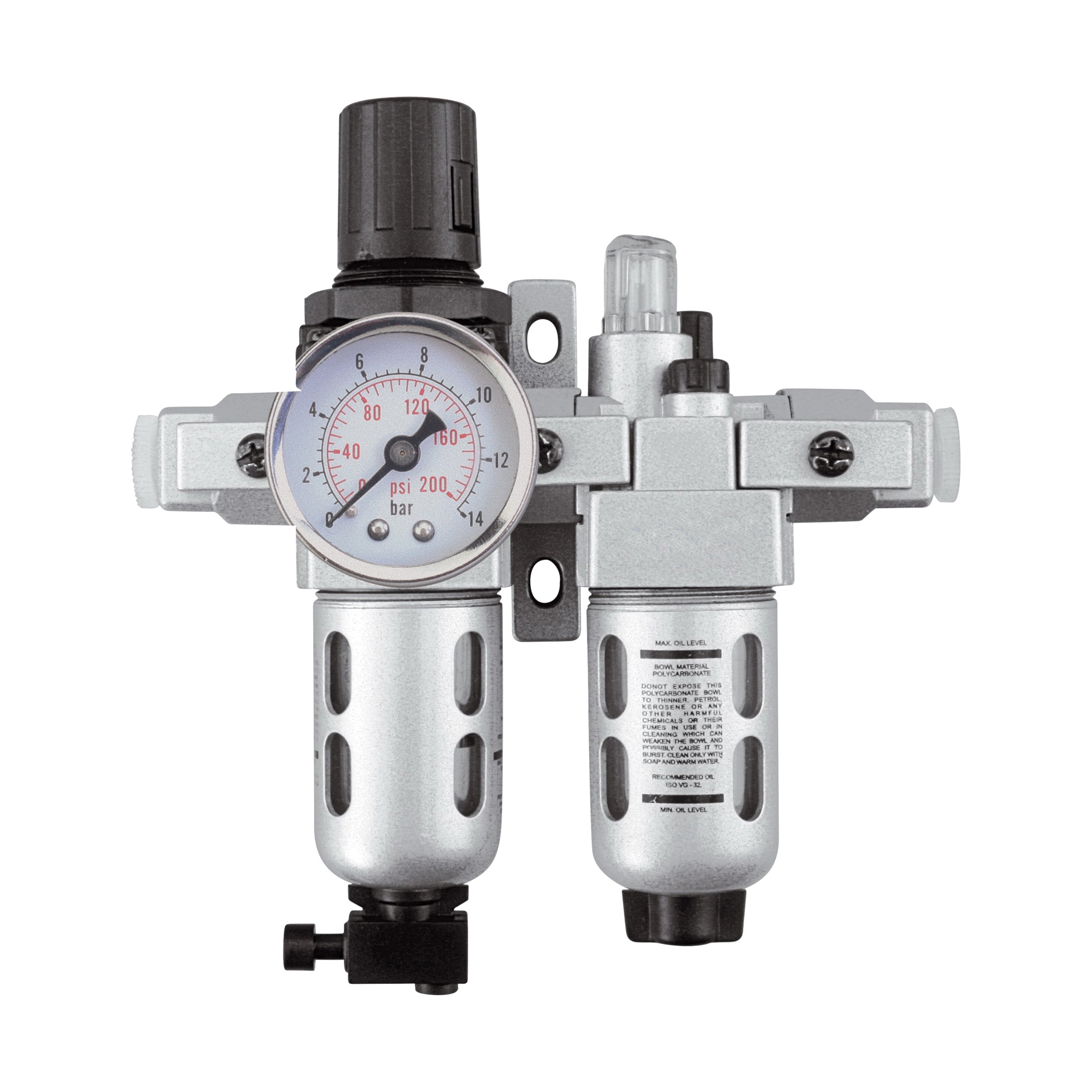 aurora tools® TYY178 FRL100 Modular Filter/Regulator/Lubricator With Wall Mounting Bracket and Gauge, 1/4 in NPT Port, 18 scfm at 105 psi Flow Rate, Polycarbonate/Steel Bowl, 7 to 145 psi Pressure